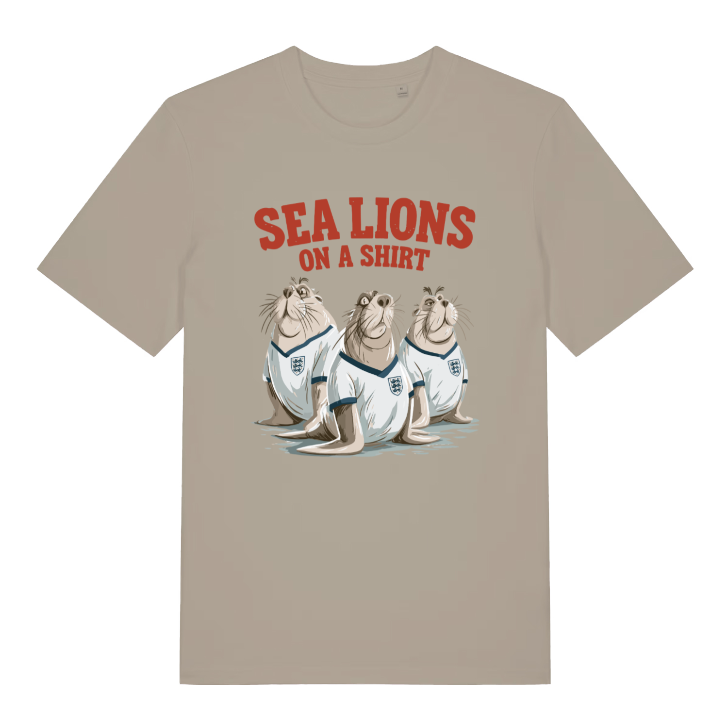 stone sports t-shirt with the graphic of three sea lions wearing England shirts and the slogan 'sea lions on a shirt'