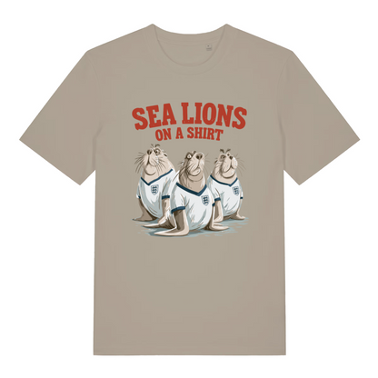 stone sports t-shirt with the graphic of three sea lions wearing England shirts and the slogan 'sea lions on a shirt'
