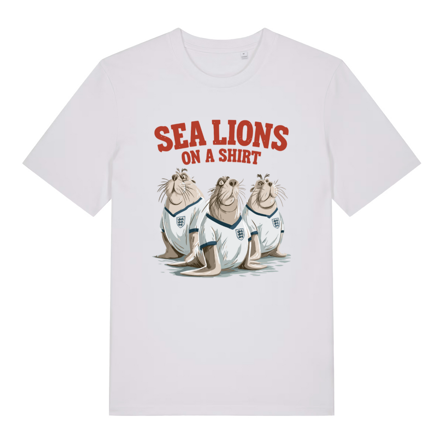 white sports t-shirt with the graphic of three sea lions wearing England shirts and the slogan 'sea lions on a shirt'