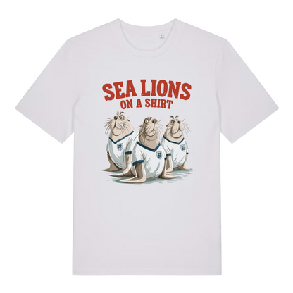 white sports t-shirt with the graphic of three sea lions wearing England shirts and the slogan 'sea lions on a shirt'