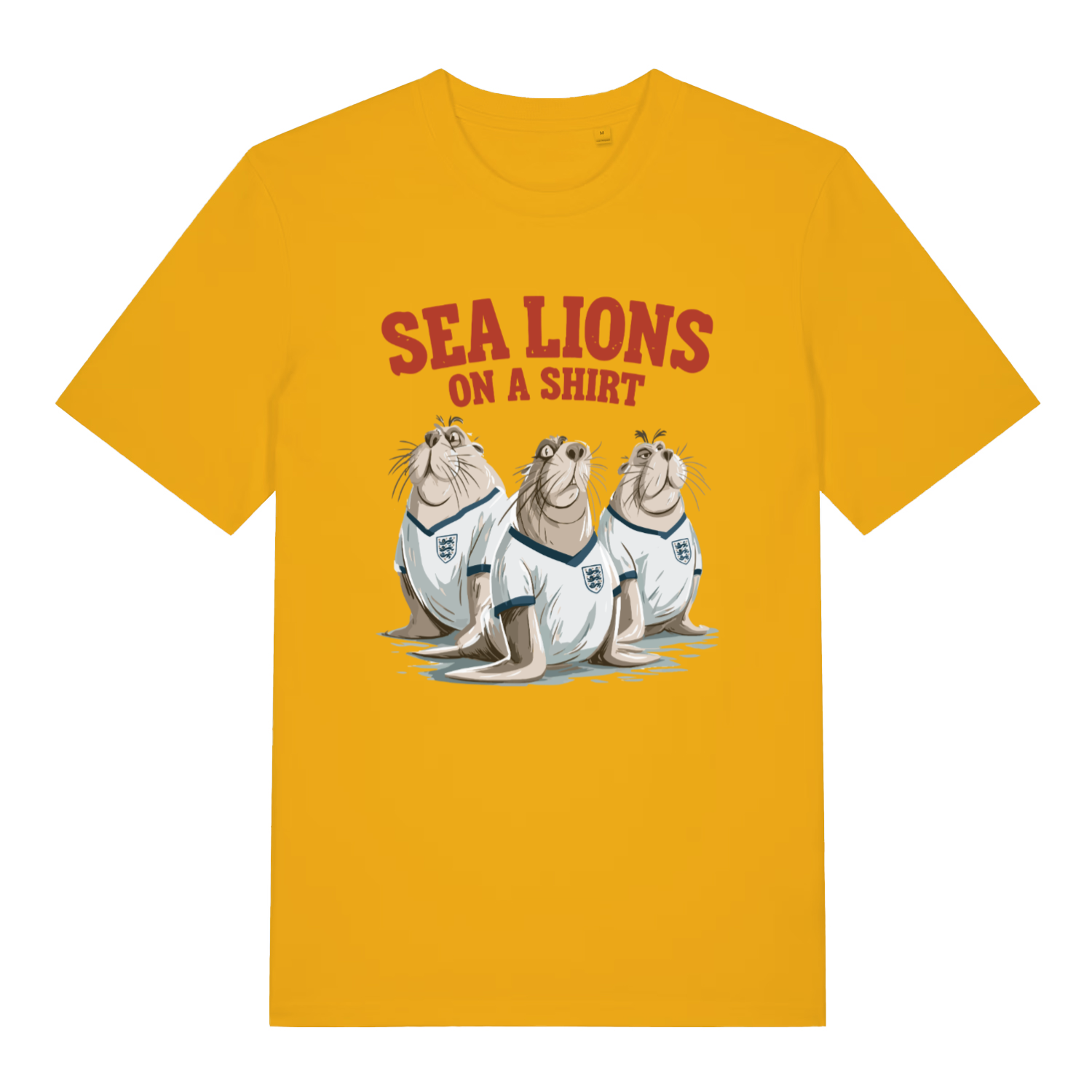 yellow sports t-shirt with the graphic of three sea lions wearing England shirts and the slogan 'sea lions on a shirt'