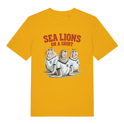 yellow sports t-shirt with the graphic of three sea lions wearing England shirts and the slogan 'sea lions on a shirt'