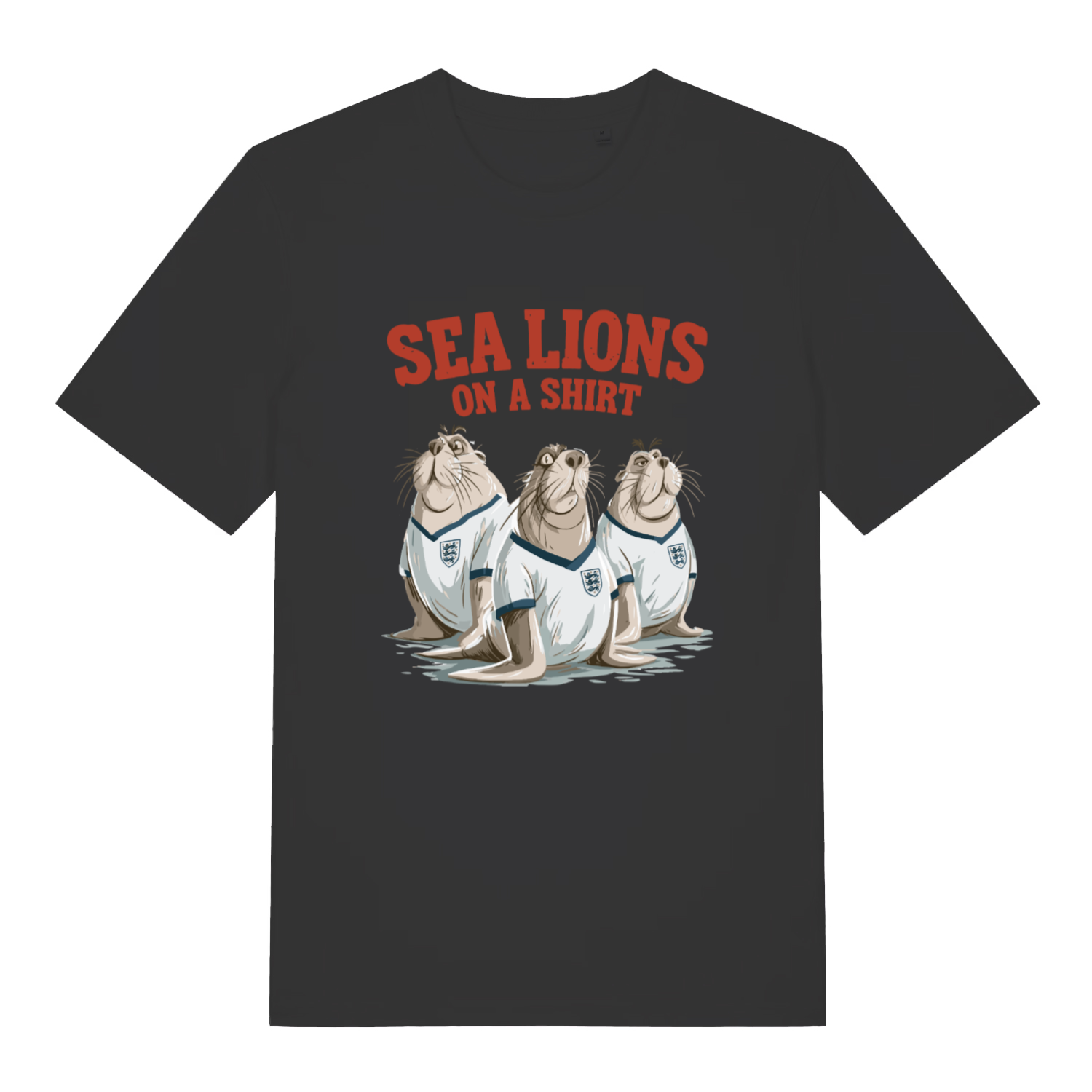 black women's sport t-shirt with the graphic of three sea lions in England shirts and the slogan 'sea lions on a shirt'