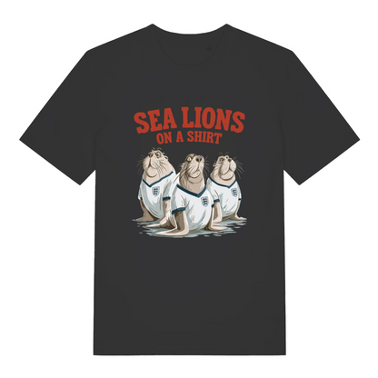 black women's sport t-shirt with the graphic of three sea lions in England shirts and the slogan 'sea lions on a shirt'