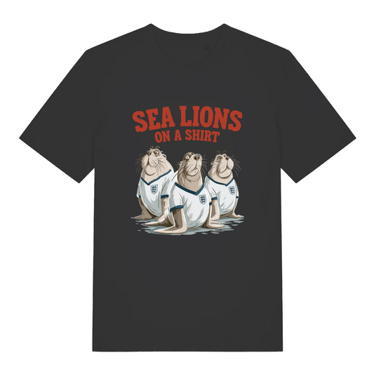 black women's sport t-shirt with the graphic of three sea lions in England shirts and the slogan 'sea lions on a shirt'