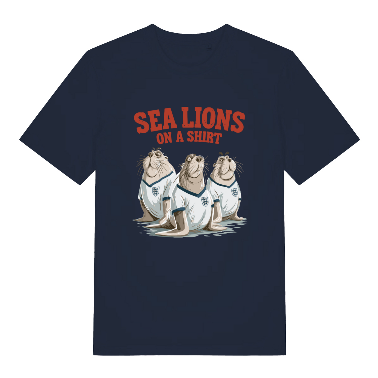 navy women's sport t-shirt with the graphic of three sea lions in England shirts and the slogan 'sea lions on a shirt'