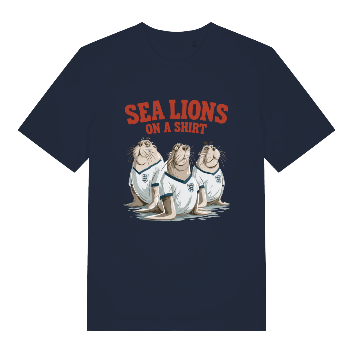 navy women's sport t-shirt with the graphic of three sea lions in England shirts and the slogan 'sea lions on a shirt'