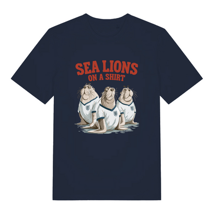 navy women's sport t-shirt with the graphic of three sea lions in England shirts and the slogan 'sea lions on a shirt'