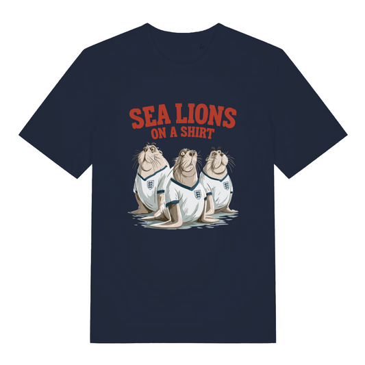 navy women's sport t-shirt with the graphic of three sea lions in England shirts and the slogan 'sea lions on a shirt'