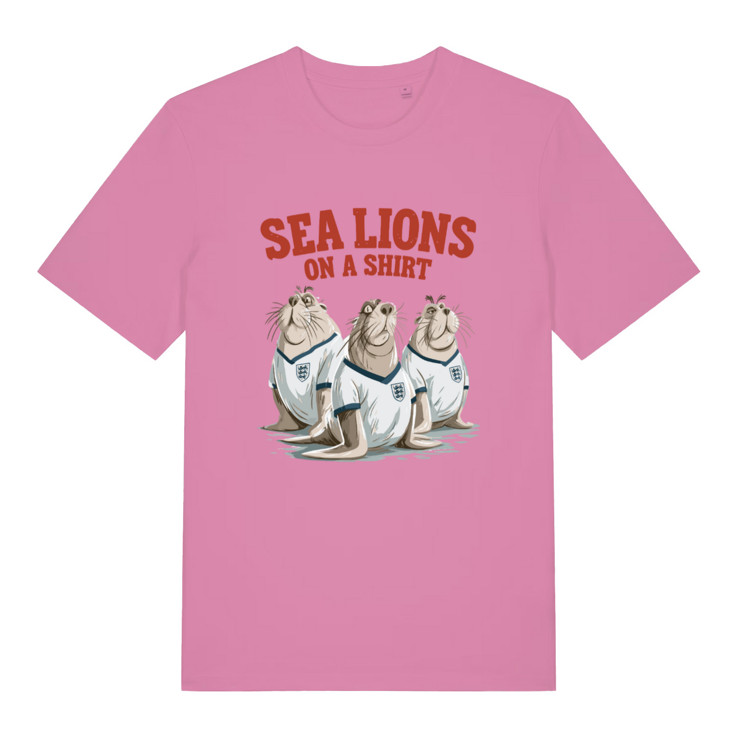 pink women's sport t-shirt with the graphic of three sea lions in England shirts and the slogan 'sea lions on a shirt'