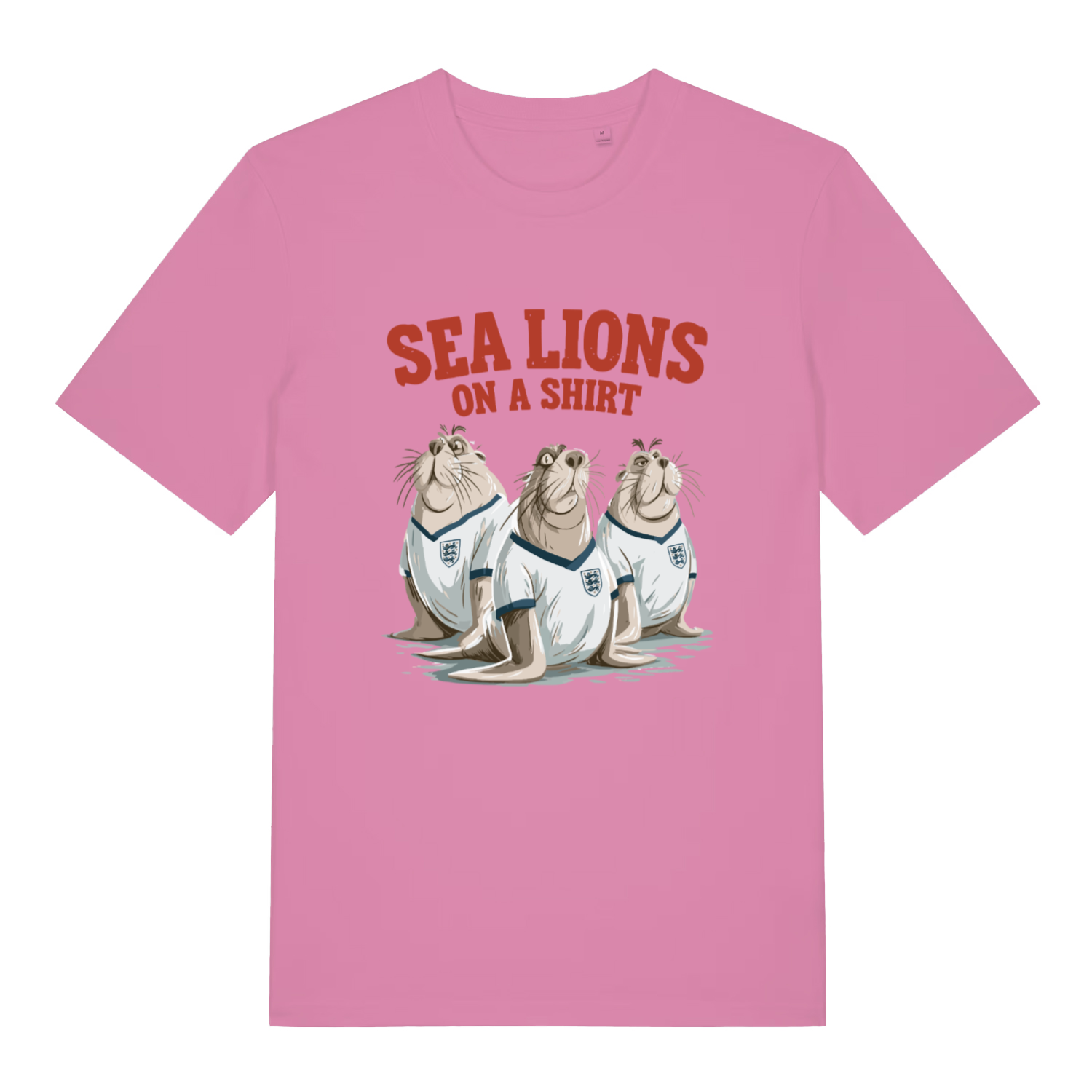 pink women's sport t-shirt with the graphic of three sea lions in England shirts and the slogan 'sea lions on a shirt'