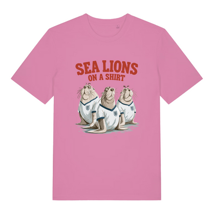 pink women's sport t-shirt with the graphic of three sea lions in England shirts and the slogan 'sea lions on a shirt'