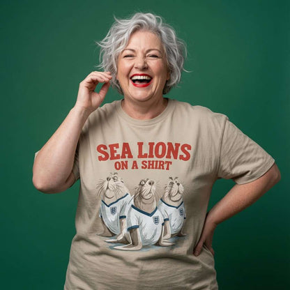 Woman with grey hair laughing in a stone Sea Lions on a Shirt t-shirt, ladies England football graphic pun that every Three Lions fan will claim