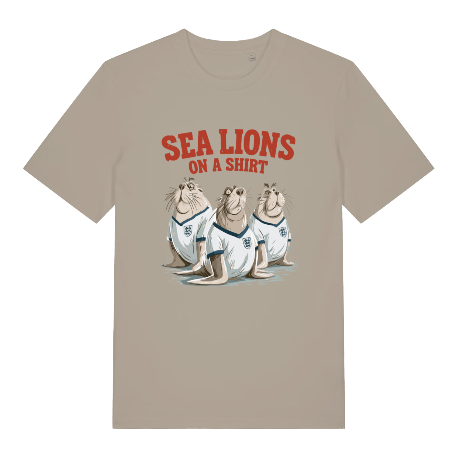 stone women's sport t-shirt with the graphic of three sea lions in England shirts and the slogan 'sea lions on a shirt'