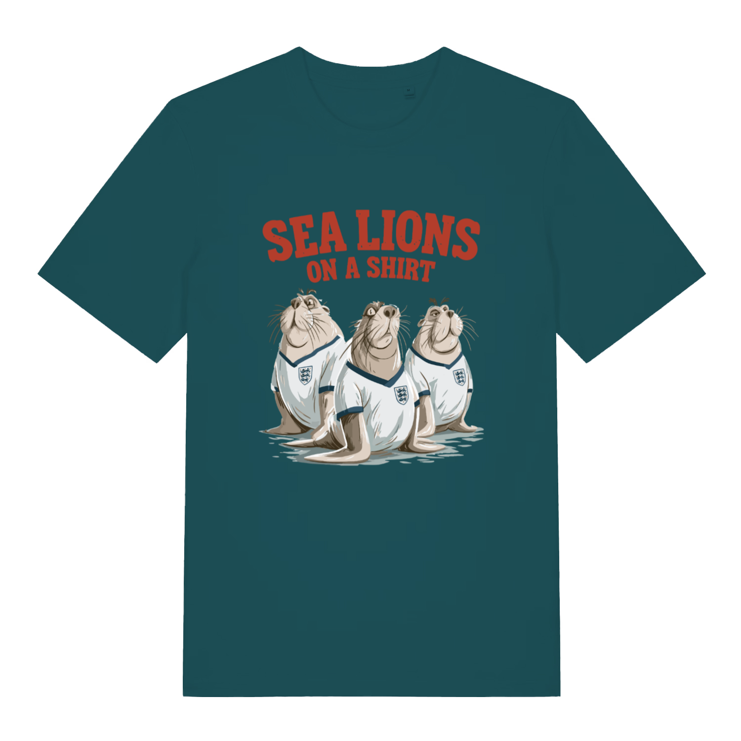 teal women's sport t-shirt with the graphic of three sea lions in England shirts and the slogan 'sea lions on a shirt'