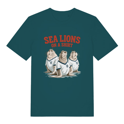 teal women's sport t-shirt with the graphic of three sea lions in England shirts and the slogan 'sea lions on a shirt'