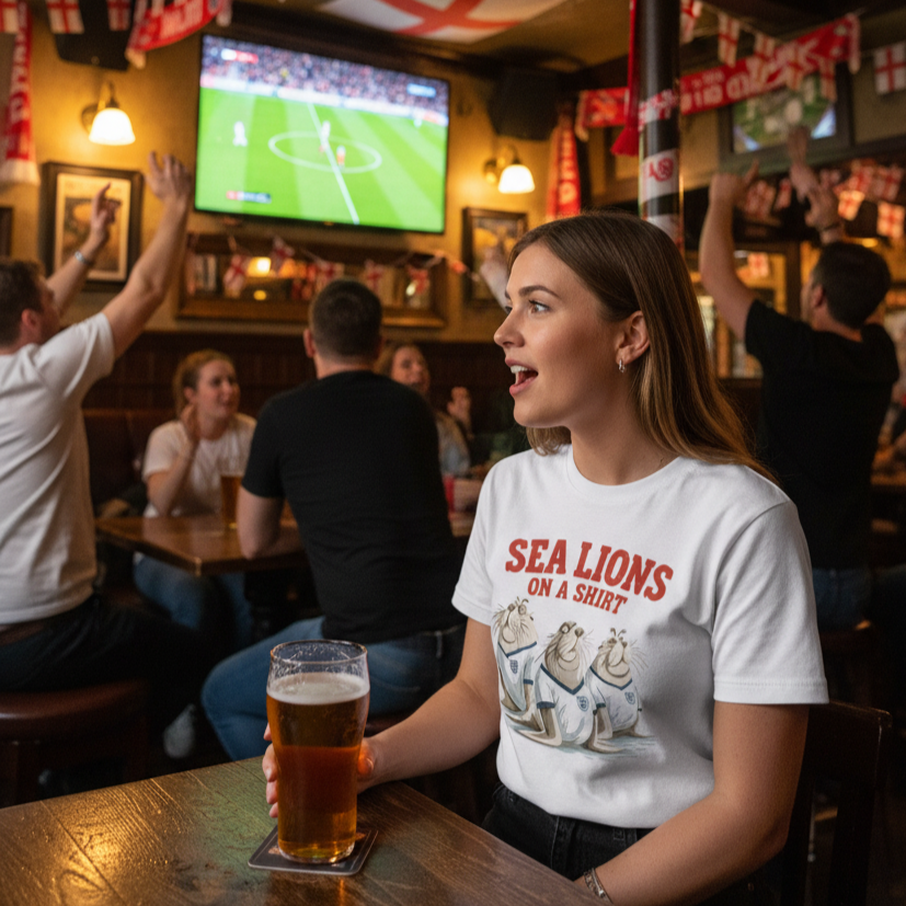 Woman in a pub wearing a 'Sea lions on a Shirt' t-shirt, holding a beer and watching sports on TV.