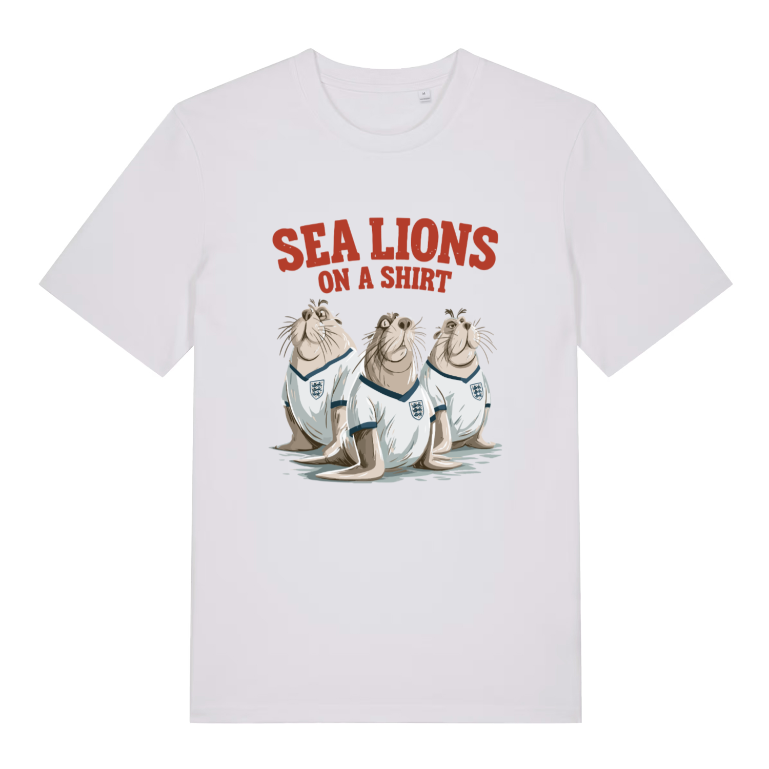 white women's sport t-shirt with the graphic of three sea lions in England shirts and the slogan 'sea lions on a shirt'