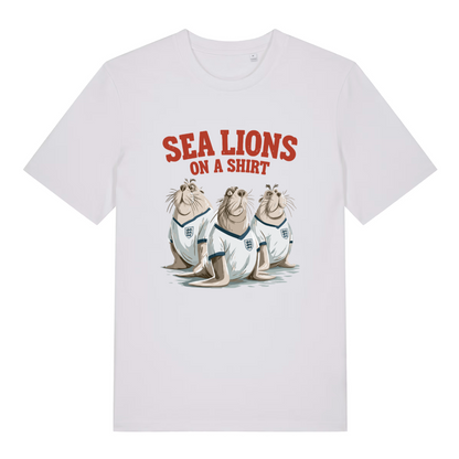 white women's sport t-shirt with the graphic of three sea lions in England shirts and the slogan 'sea lions on a shirt'