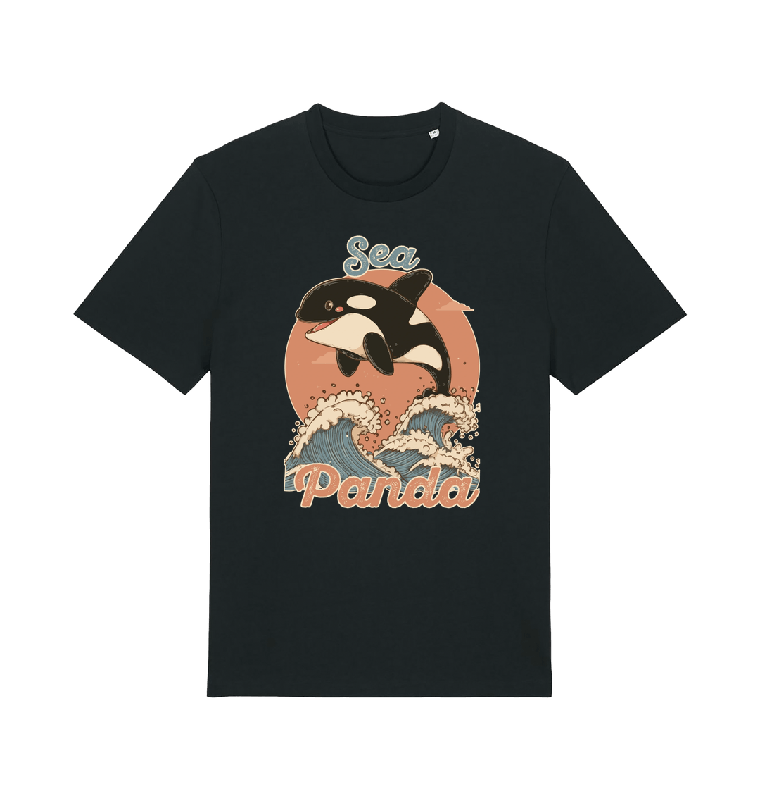 black funny animal t-shirt with the graphic of an orca whale and the slogan 'sea panda'