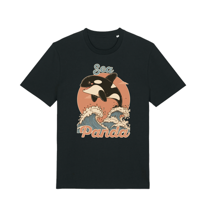 black funny animal t-shirt with the graphic of an orca whale and the slogan 'sea panda'