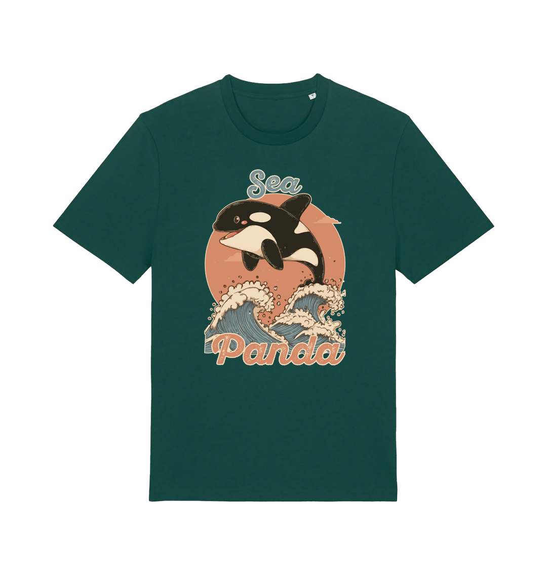 green funny animal t-shirt with the graphic of an orca whale and the slogan 'sea panda'