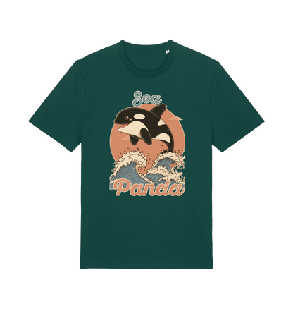 green funny animal t-shirt with the graphic of an orca whale and the slogan 'sea panda'