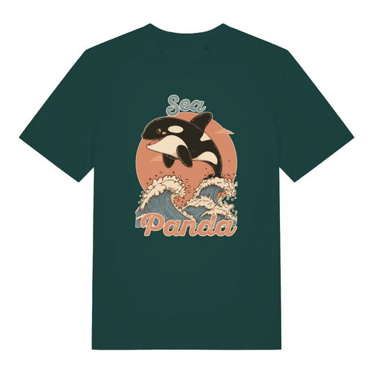 green animal t-shirt with the graphic of a orca whale and the slogan 'sea panda'
