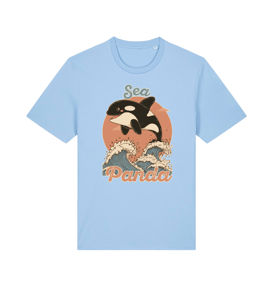 light blue funny animal t-shirt with the graphic of an orca whale and the slogan 'sea panda'