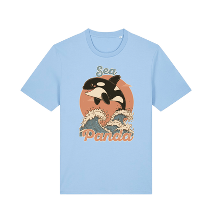 light blue funny animal t-shirt with the graphic of an orca whale and the slogan 'sea panda'