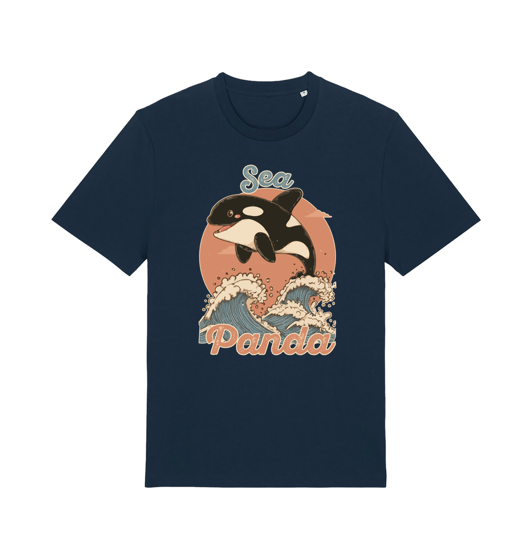 navy funny animal t-shirt with the graphic of an orca whale and the slogan 'sea panda'