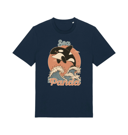 navy funny animal t-shirt with the graphic of an orca whale and the slogan 'sea panda'