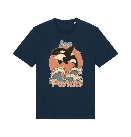 navy funny animal t-shirt with the graphic of an orca whale and the slogan 'sea panda'