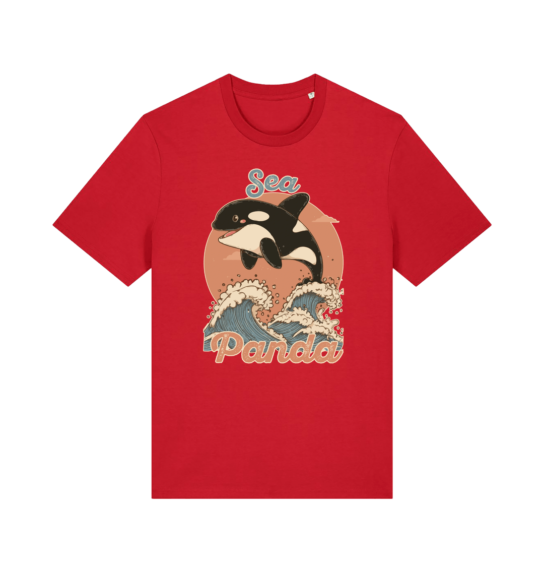 red funny animal t-shirt with the graphic of an orca whale and the slogan 'sea panda'
