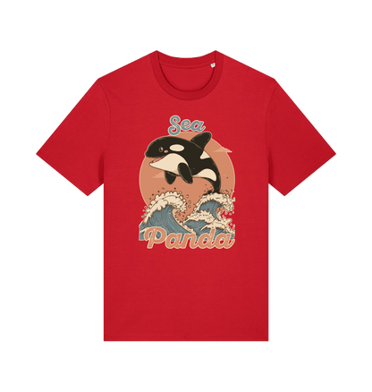 red funny animal t-shirt with the graphic of an orca whale and the slogan 'sea panda'