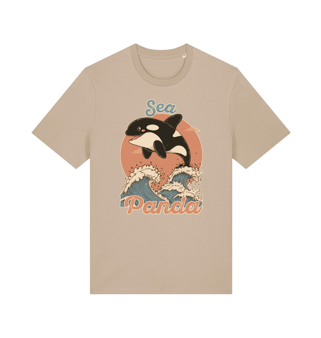 sand funny animal t-shirt with the graphic of an orca whale and the slogan 'sea panda'