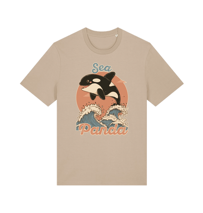 sand funny animal t-shirt with the graphic of an orca whale and the slogan 'sea panda'
