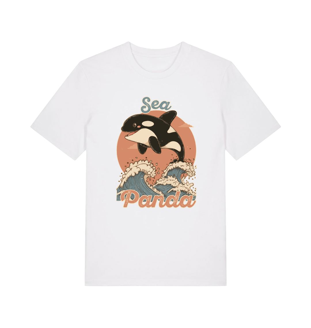 white funny animal t-shirt with the graphic of an orca whale and the slogan 'sea panda'