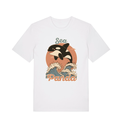 white funny animal t-shirt with the graphic of an orca whale and the slogan 'sea panda'