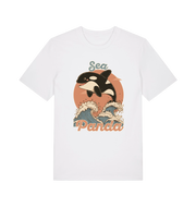 white funny animal t-shirt with the graphic of an orca whale and the slogan 'sea panda'