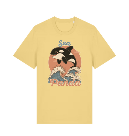 yellow funny animal t-shirt with the graphic of an orca whale and the slogan 'sea panda'