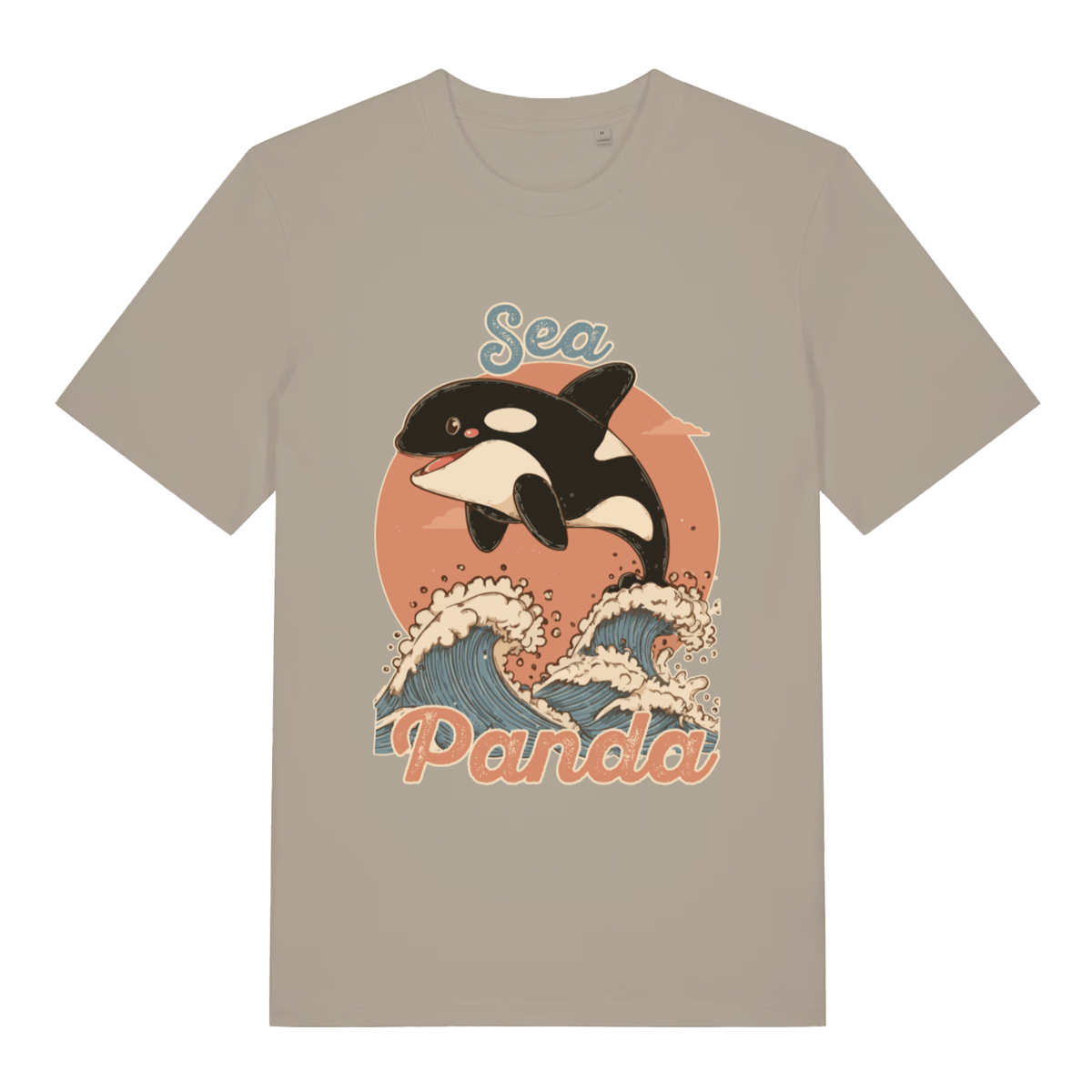 Beige Sea Panda funny graphic t-shirt with smiling orca jumping from waves  