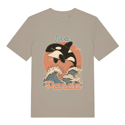 Beige Sea Panda funny graphic t-shirt with smiling orca jumping from waves  