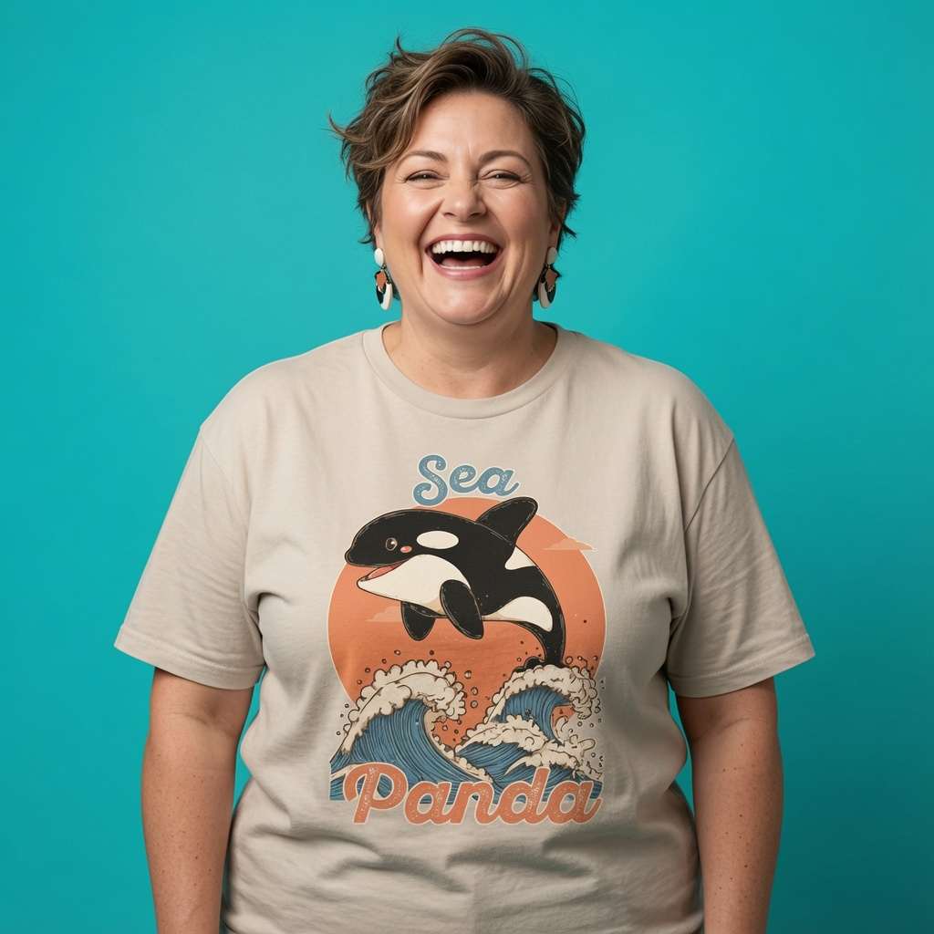 Woman laughing while wearing a beige Sea Panda t-shirt, funny ladies cheeky orca pun graphic design full of pure attitude