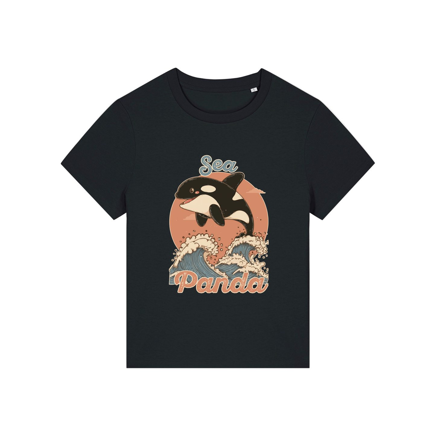 black funny animal t-shirt with the graphic of an orca and the slogan 'sea panda'