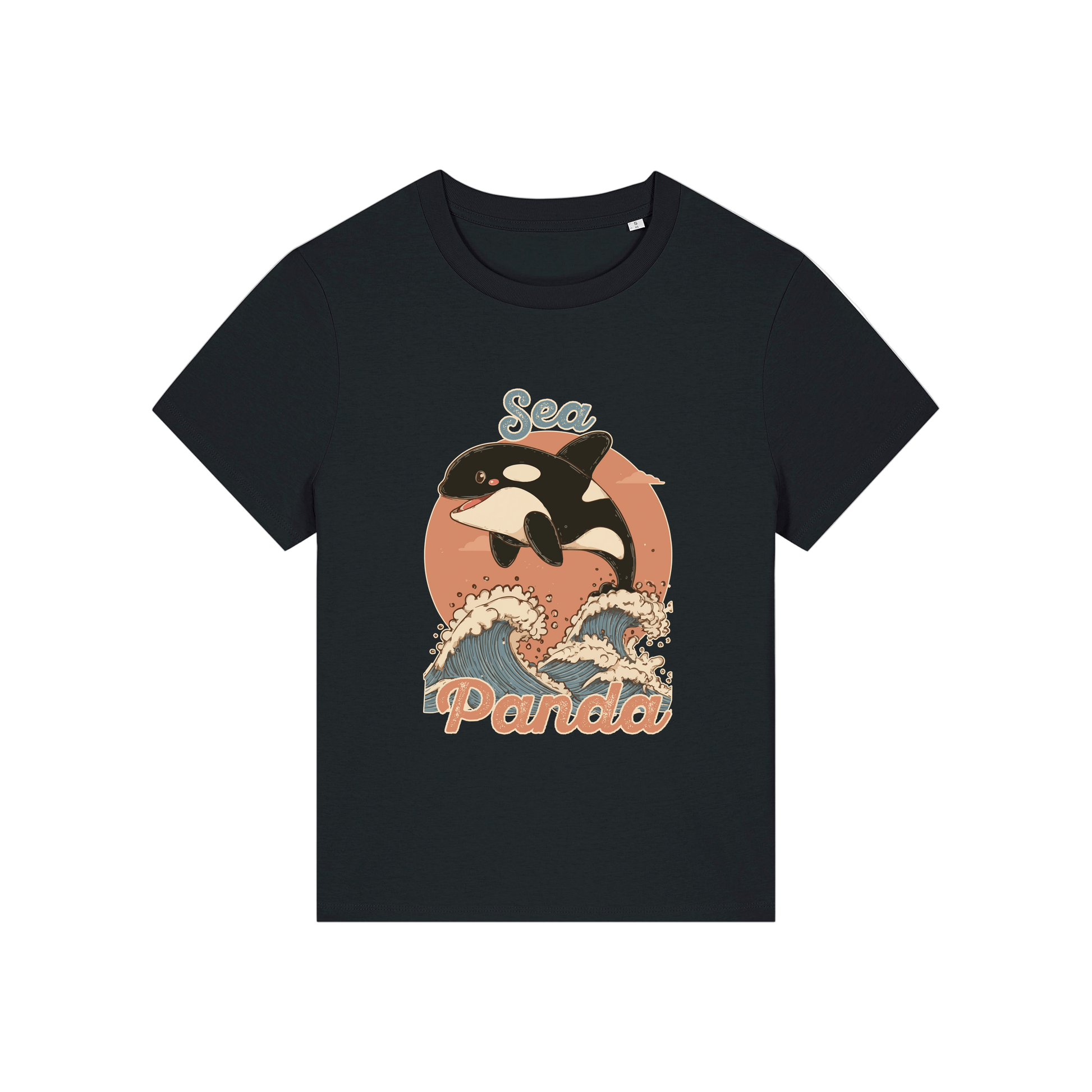 black funny animal t-shirt with the graphic of an orca and the slogan 'sea panda'