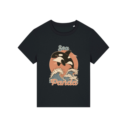 black funny animal t-shirt with the graphic of an orca and the slogan 'sea panda'