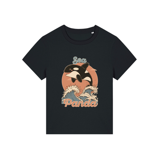 black funny animal t-shirt with the graphic of an orca and the slogan 'sea panda'