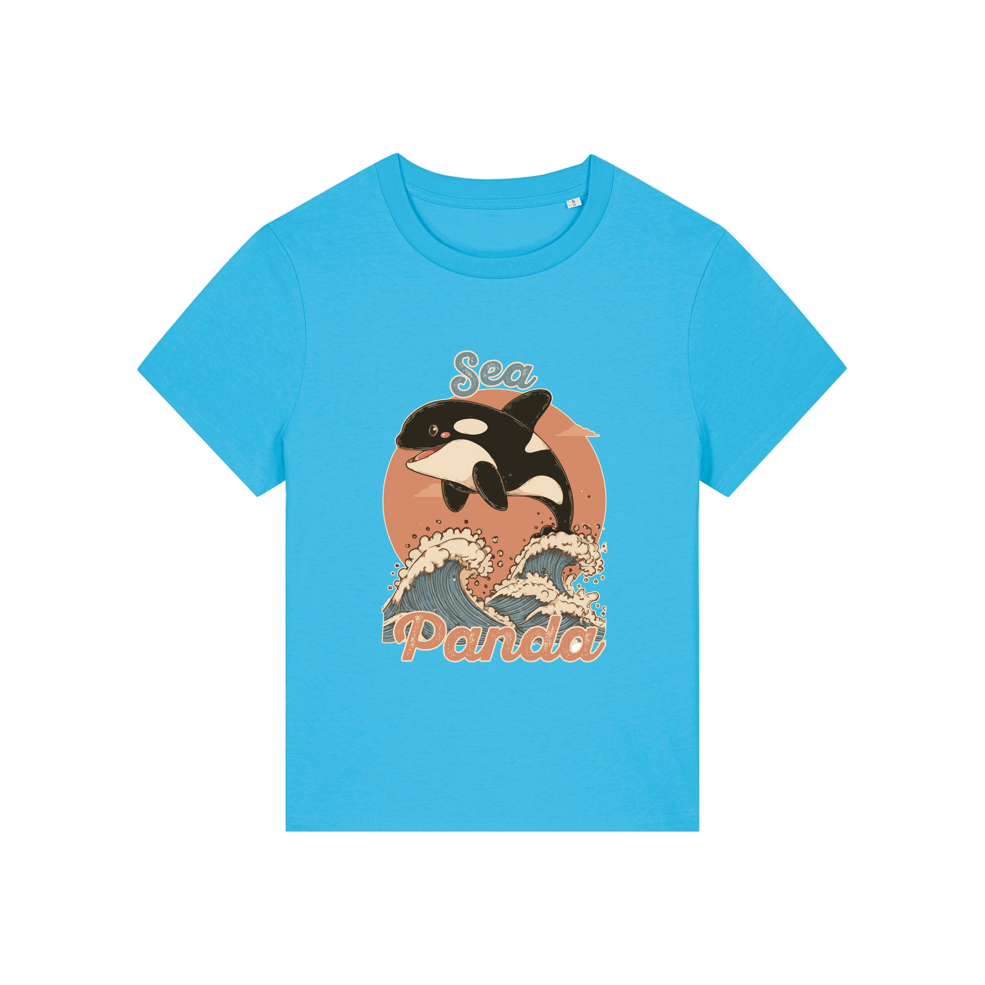blue funny animal t-shirt with the graphic of an orca and the slogan 'sea panda'