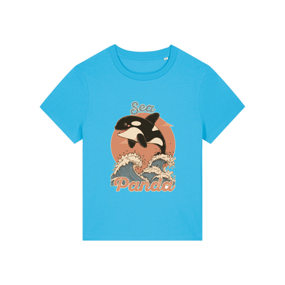 blue funny animal t-shirt with the graphic of an orca and the slogan 'sea panda'